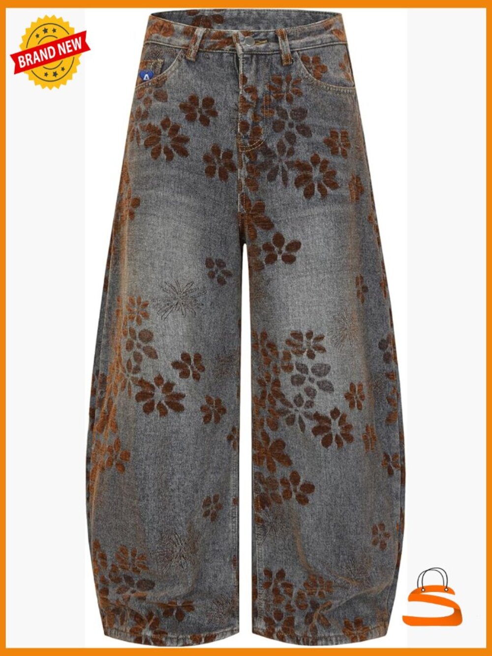 Womens Floral Embroidery Barrel Wide Leg Jeans Vintage Harajuku Y2K